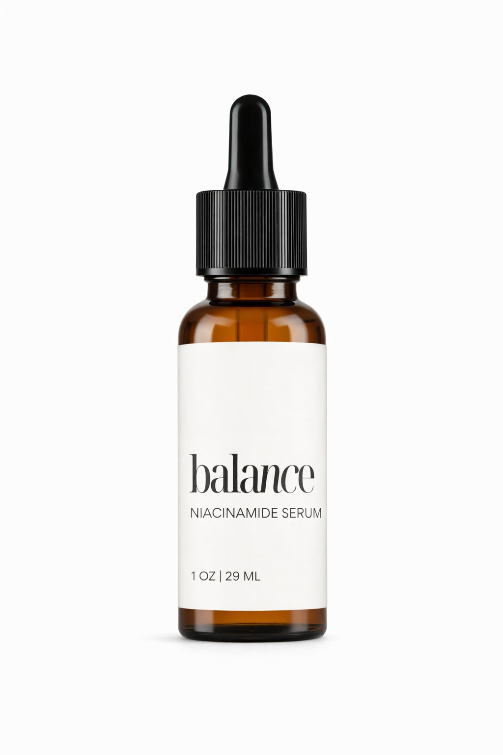 Brown serum bottle with dropper labeled 'balance' on a white background