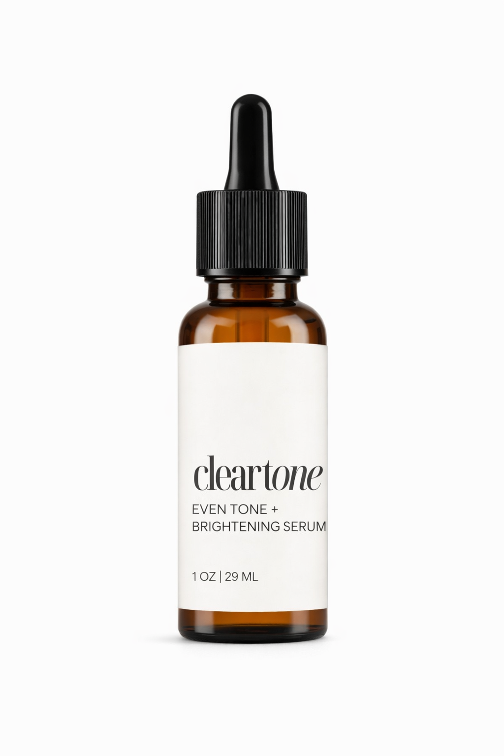 Brown serum bottle with white label on a white background