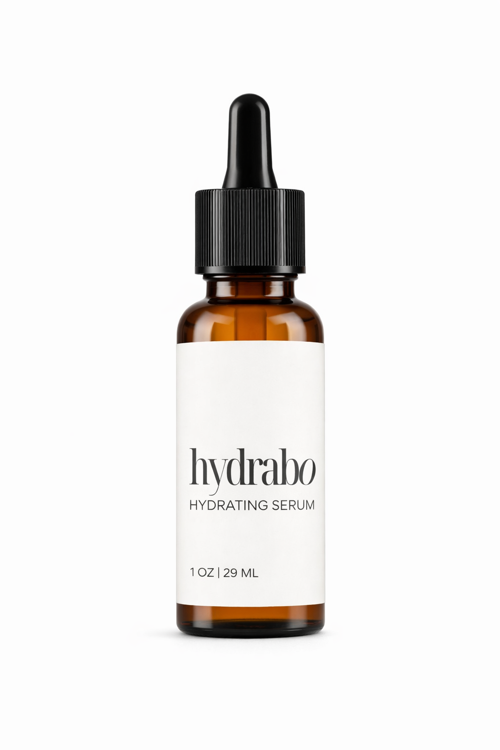 Brown glass bottle with dropper labeled 'hydrabo' on a white background
